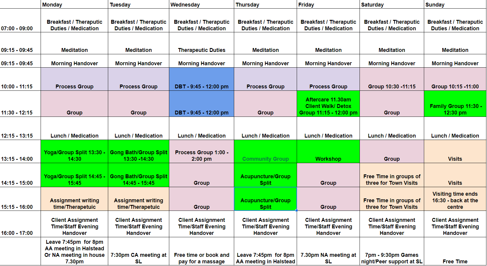 Example Rehab Programme Timetable
